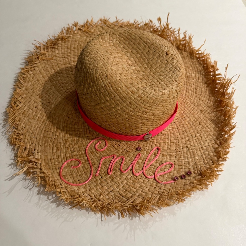 Il Trenino Italy Natural Straw Smile Sun Hat Pink Ribbon Rhinestones Size 58‎